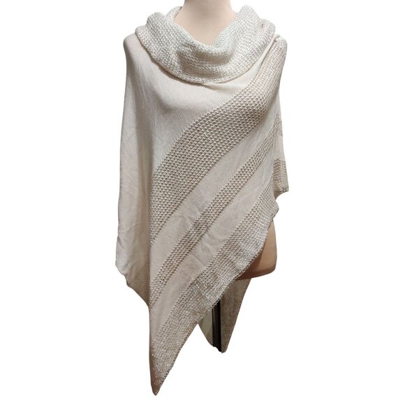 Belldini S M Ivory Metallic Knit Asymmetrical Poncho Sweater Cowl Neck Pullover - Picture 1 of 11